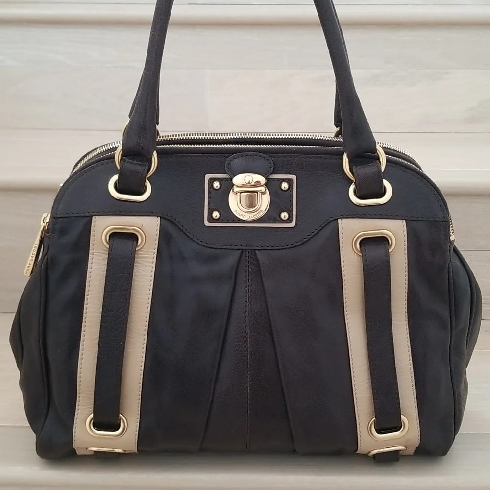 Marc Jacobs Hudson Striping Leather Satchel with Leather Lining in Dark …